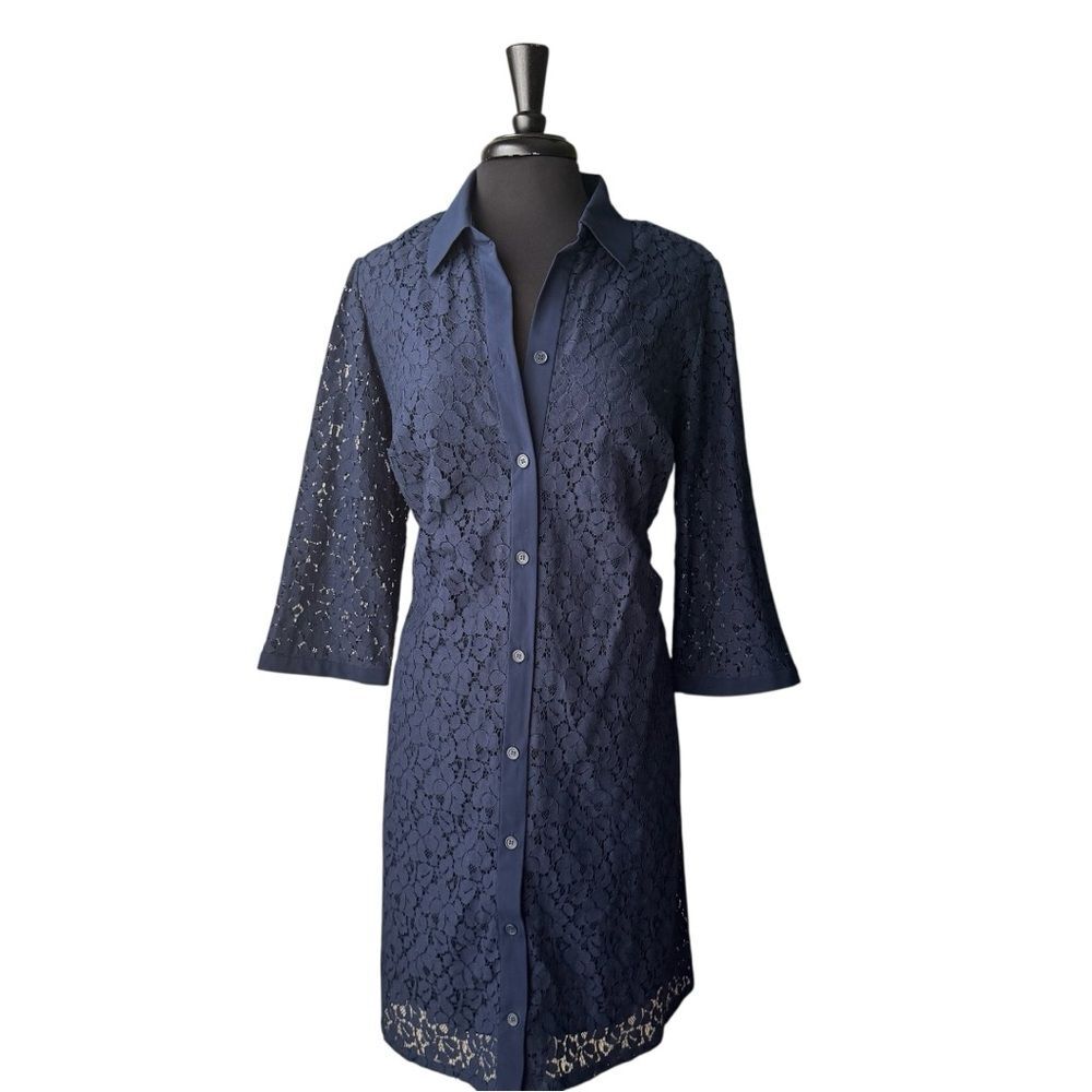 Lane Bryant Navy Blue Floral Cotton Lace 3/4 Sleeve Button Front Dress